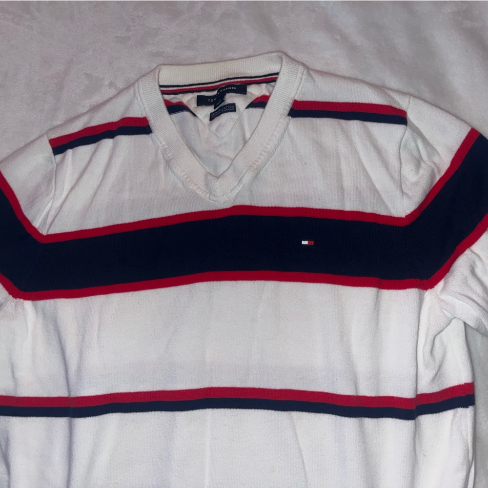 Tommy Hilfiger Men's White Crewneck with Red and Blue Stripes
